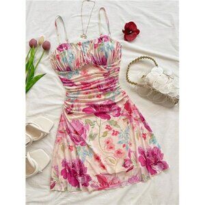 NewSoleia Women Ditsy Floral Pink Romantic Spaghetti Strap A-Line Mini Dress,